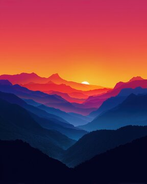 Vibrant vector-style landscape illustration featuring layered mountains fading from orange sunset to deep blue valleys. Minimalist art background