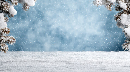 Fototapeta premium Snowy pine branch border with falling snow and icy blue background, serene winter scene