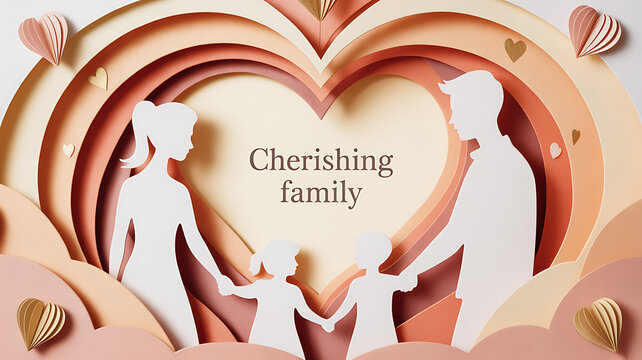 Paper art illustration of a family holding hands within a heart-shaped frame, symbolizing love and togetherness - Powered by Adobe