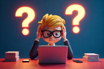 Confused businessman sits at desk, laptop open, glowing question marks float around him in stress-filled moment.
