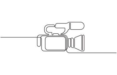 Continuous one line drawing of Professional video camera illustration, with lens and microphone isolated on transparent background.