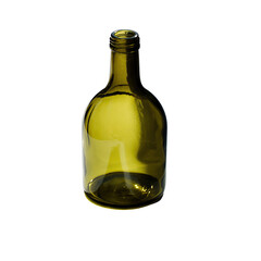 Transparent Green Glass Bottle Isolated on Black Background with Soft Lighting Creating Subtle Reflections and Highlights on the Curved Surface of the Empty Container