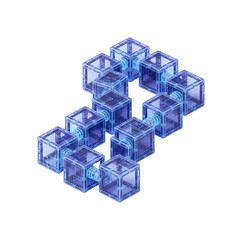 Transparent Isometric Ledger Icon With Blue Glowing Cubes Connected In A Network Structure On A Black Background Representing Financial Data And Blockchain Technology