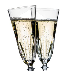 Two Crystal Champagne Flutes Clinking Together Filled With Bubbly Golden Sparkling Wine Against Black Background Studio Shot
