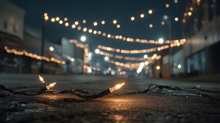 A string of Christmas lights strung between bare trees on a deserted city street at night, with one or two bulbs flickering inconsistently.