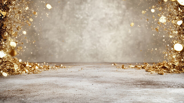 Gold glitter floor sparkle backdrop with scattered foil and celebration feel