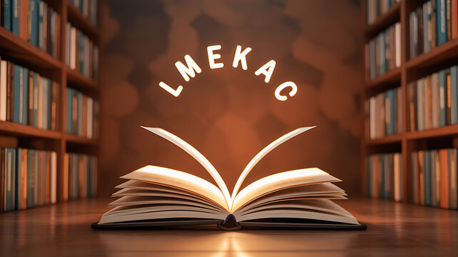 An open book glowing with light in a library, surrounded by bookshelves and the word 'LMEKAC' above it