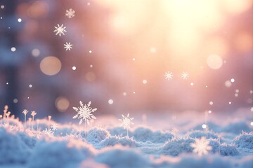 Naklejka premium Snowflakes drift softly over fluffy snow under warm, glowing lightpeaceful winter wonderland.