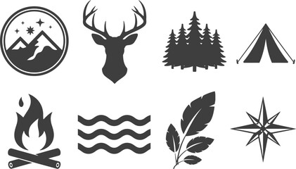 Obraz premium Outdoor Adventure and Nature Icons: Mountains, Deer, Trees, Tent, Fire, Water, Leaf, Compass
