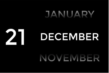 December 21 calendar with black background.A minimalist calendar template with well-structured date boxes and a sleek layout. This image is ideal for illustrating concepts such as time planning