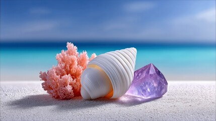 A still life composition featuring a white seashell, a pink coral branch, and a purple amethyst crystal arranged on a white sandy beach. The background shows a