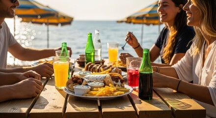 Group of friends enjoying delicious street food at a seaside table, featuring colorful drinks and a variety of dishes, creating a vibrant and joyful dining atmosphere