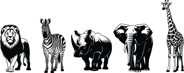 Obraz premium African wildlife silhouettes, lion zebra elephant giraffe rhino, black and white vector, safari animal lineup, conservation theme, nature illustration