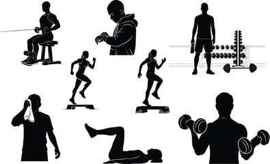 Fitness and exercise silhouette collection for gym workout and training