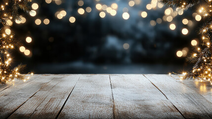 Wooden tabletop with festive bokeh lights and frosted pine garland creating cozy holiday mood