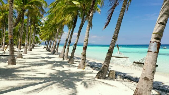 Beautiful tropical island with sand beach and hammock. Panglao, Philippines. Seascape with beautiful beach and palm trees.