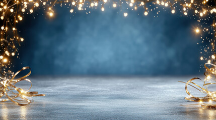 Midnight navy background with scattered stars and soft golden lights creating festive sparkle