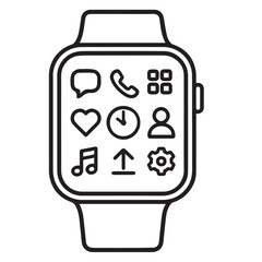 A minimalist black and white vector illustration of a modern smartwatch with clean lines, featuring a rectangular display, simple band design, and basic interface elements in monochrome style.