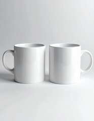 Obraz premium Two pristine white ceramic mugs on a clean, minimalist white background, ready for customization or branding.