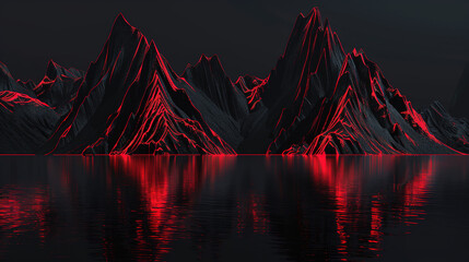 Dark Background with Red Lines Outlining Black Mountains and Red Reflections on Water, Cold and Mysterious Atmosphere