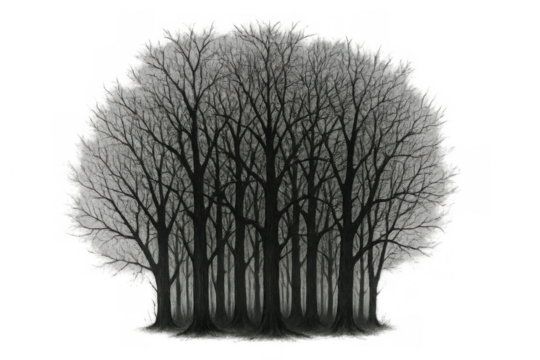 Forest of bare trees with leafless branches, evoking a somber cold atmosphere during winter, on a transparent background