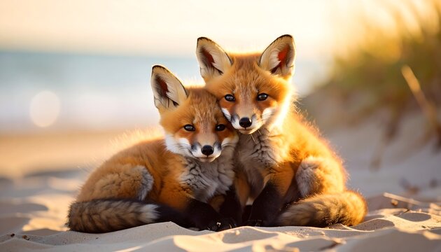 Two adorable red fox cubs cuddling on a sandy beach. - Powered by Adobe