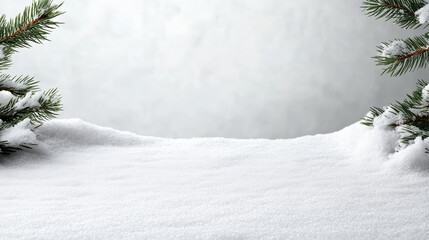 Snowy winter table with frosted pine branches creating serene holiday scene