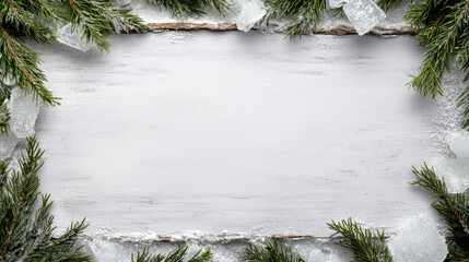 Frosted evergreen frame on white wooden background with snow and ice accents