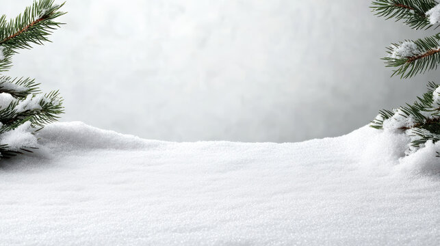 Fototapeta Snowy winter table with frosted pine branches creating serene holiday scene