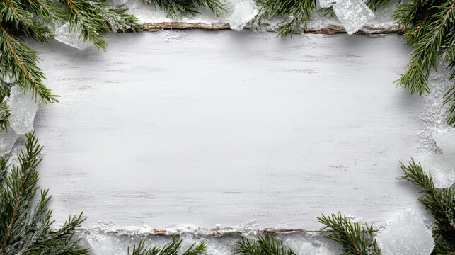 Frosted evergreen frame on white wooden background with snow and ice accents