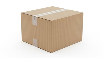 A plain, brown cardboard box sealed with tape, isolated on white background.