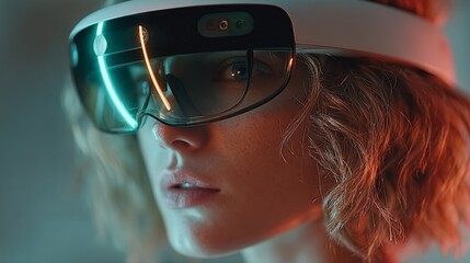 Immersive augmented reality headset user experiencing futuristic digital overlay and vibrant neon lights in a modern setting