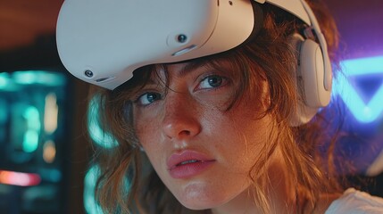 Young woman intensely focused wearing a virtual reality headset, immersed in a futuristic digital world with vibrant neon lights.