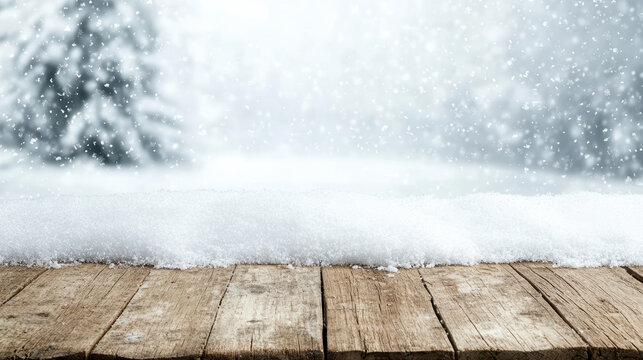 Snowy wooden table foreground with gentle falling snow and blurred pine trees - Powered by Adobe