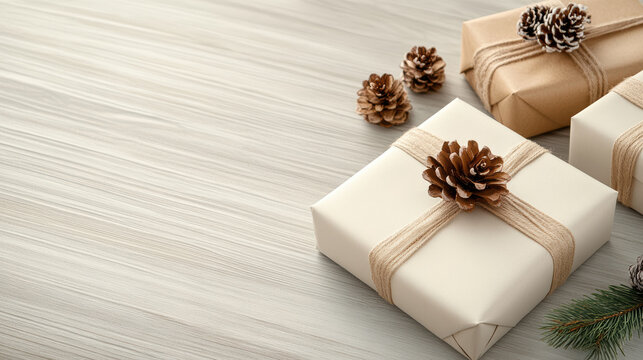Minimalist neutral gift with pinecone accent radiates cozy festive calm