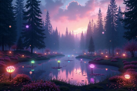 Misty forest stream at dusk, glowing flowers reflect pink sky. Tall pines surround serene water, magical twilight ambiance.