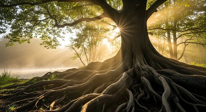 Majestic ancient tree with sprawling roots, illuminated by golden sunlight filtering through lush green leaves, symbolizing nature's connection to paganism and polytheistic faith traditions