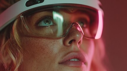 Curious woman with bright eyes explores virtual reality future wearing advanced headset with neon glow