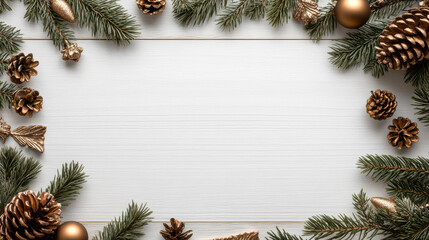 Golden pinecone Christmas border with evergreen branches and festive ornaments on white wood