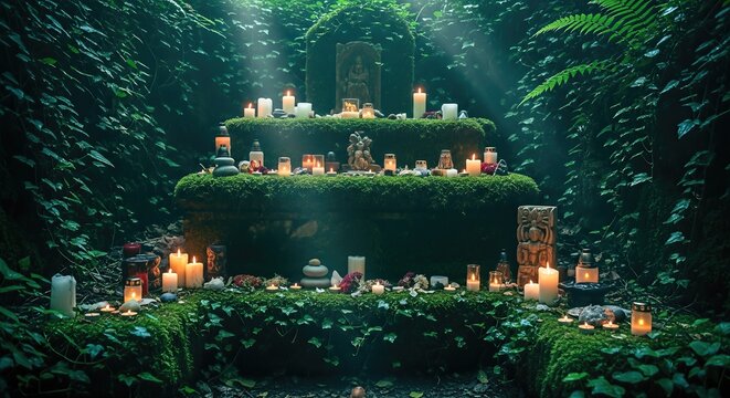 Serene altar surrounded by lush greenery, adorned with candles and offerings, creating a tranquil atmosphere for spiritual practices and rituals in a natural setting