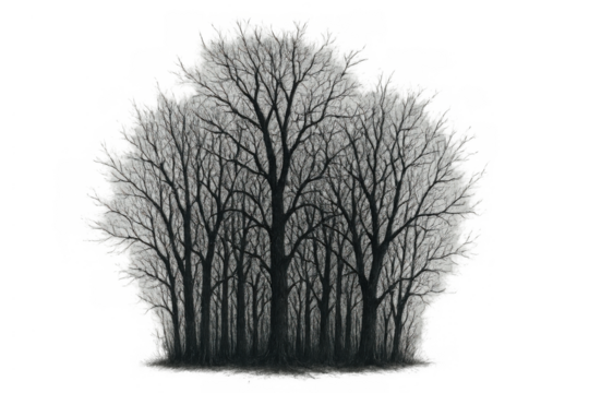 Leafless winter forest creating a dark silhouette, depicting a spooky or eerie scene on transparent background - Powered by Adobe