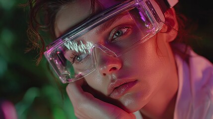 Intrigued woman contemplates future technology wearing futuristic VR goggles, bathed in vibrant neon light