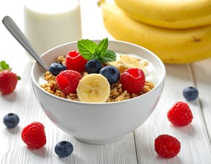 A vibrant breakfast bowl showcases granola, yogurt, and an assortment of fresh berries and banana slices. A glass of milk and bunch of bananas are near