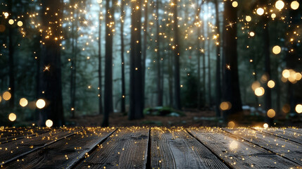 Golden fairy lights sparkle above rustic wooden floor in misty evergreen forest, magical mood