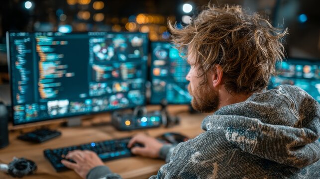 Focused coder passionately working late nights on complex software projects, illuminated by multiple glowing monitors displaying code.