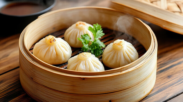 Steamed shrimp dumpling in bamboo basket with garnish and sauce