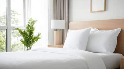 Naklejka premium Crisp white bed with pillows and wooden headboard in bright modern bedroom