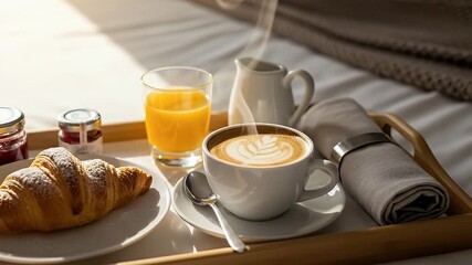 A breakfast tray featuring a croissant, a cup of coffee with latte art, a glass of orange juice, and small jars of jam on a bed with natural sunlight streaming in - Powered by Adobe