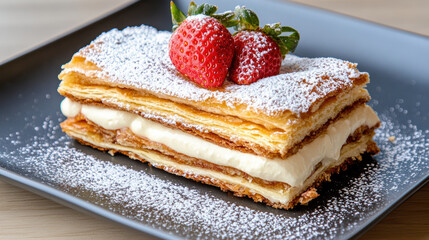 Strawberry mille feuille dessert with crisp puff pastry layers and cream, powdered sugar dusting