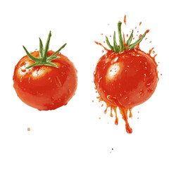 Two ripe tomatoes, one with water droplets, the other splashing juice